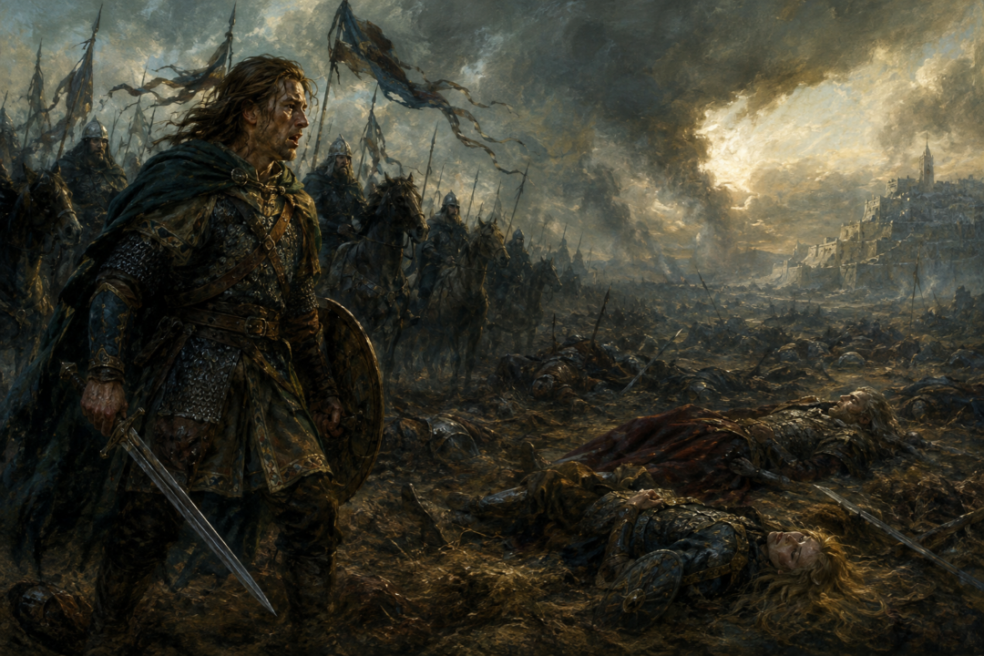 Éomer sees Éowyn lying motionless beside Théoden on the Pelennor Fields and believes that his sister has been killed.