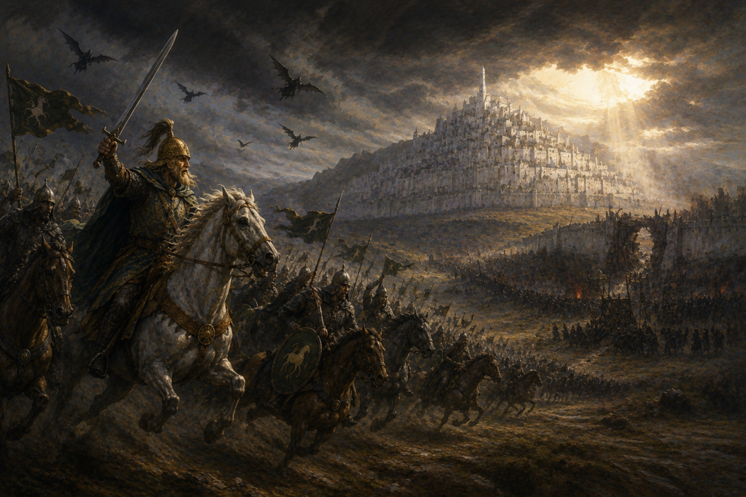 Éomer seeing black-sailed ships approach the Pelennor before discovering that Aragorn commands them.