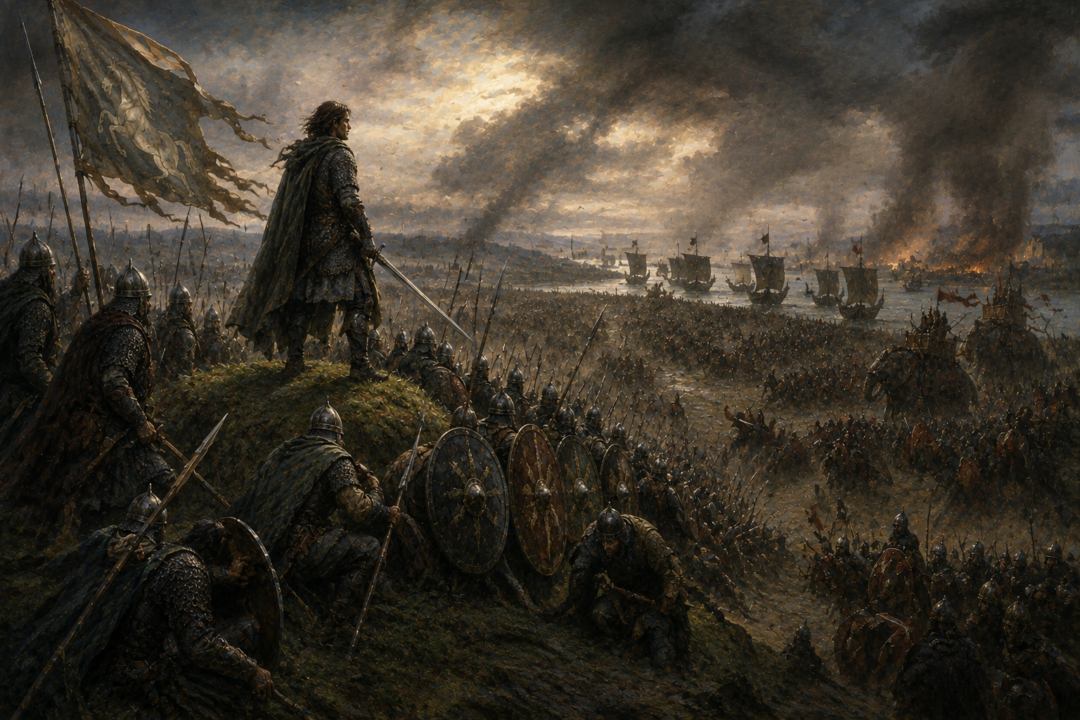 Éomer rallies the Rohirrim around his banner on a green hillock as they prepare a final shield-wall on the Pelennor Fields.