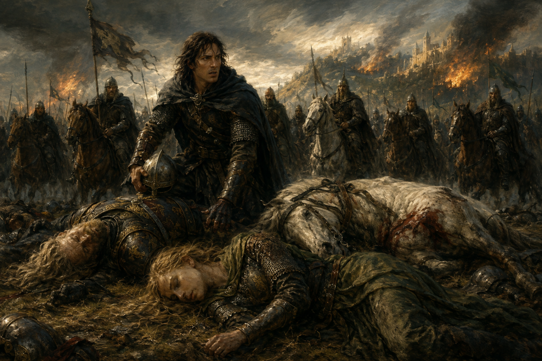 Éomer discovers Éowyn beside the fallen Théoden on the Pelennor Fields and is overcome by battle fury.