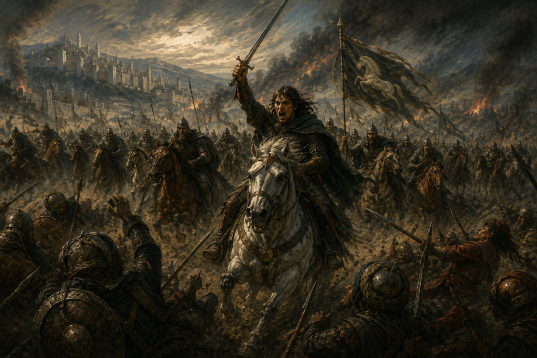 Éomer leads the Rohirrim in a furious southward charge deep into the enemy host on the Pelennor Fields.