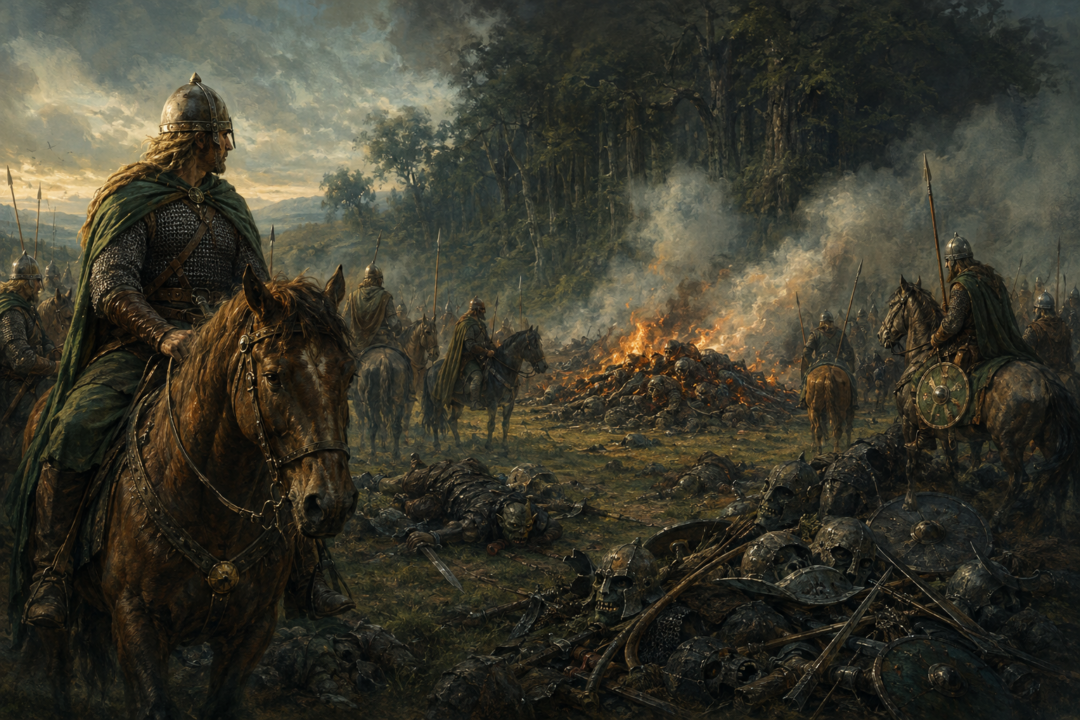 Éomer and the Riders of Rohan overseeing the burning of defeated Orc bodies near Fangorn Forest.