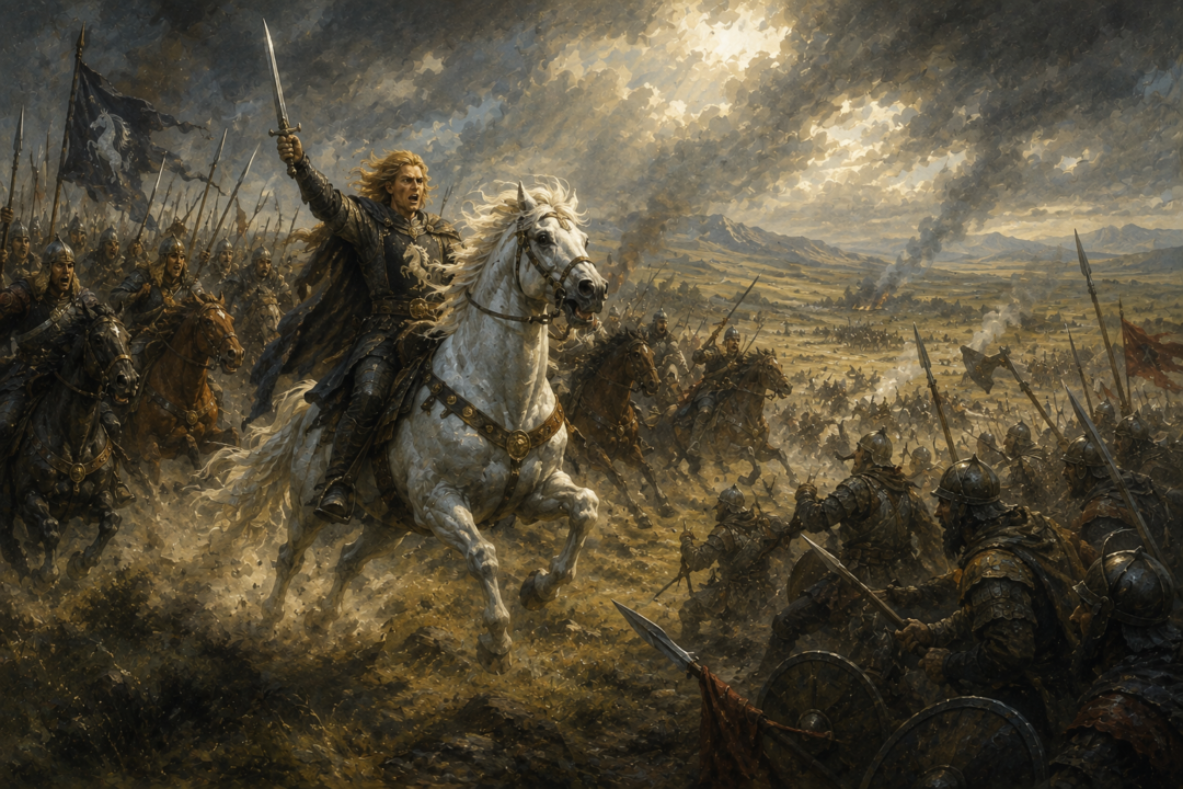 Eorl the Young on Felaróf leading the mounted Éothéod into the Battle of the Field of Celebrant.