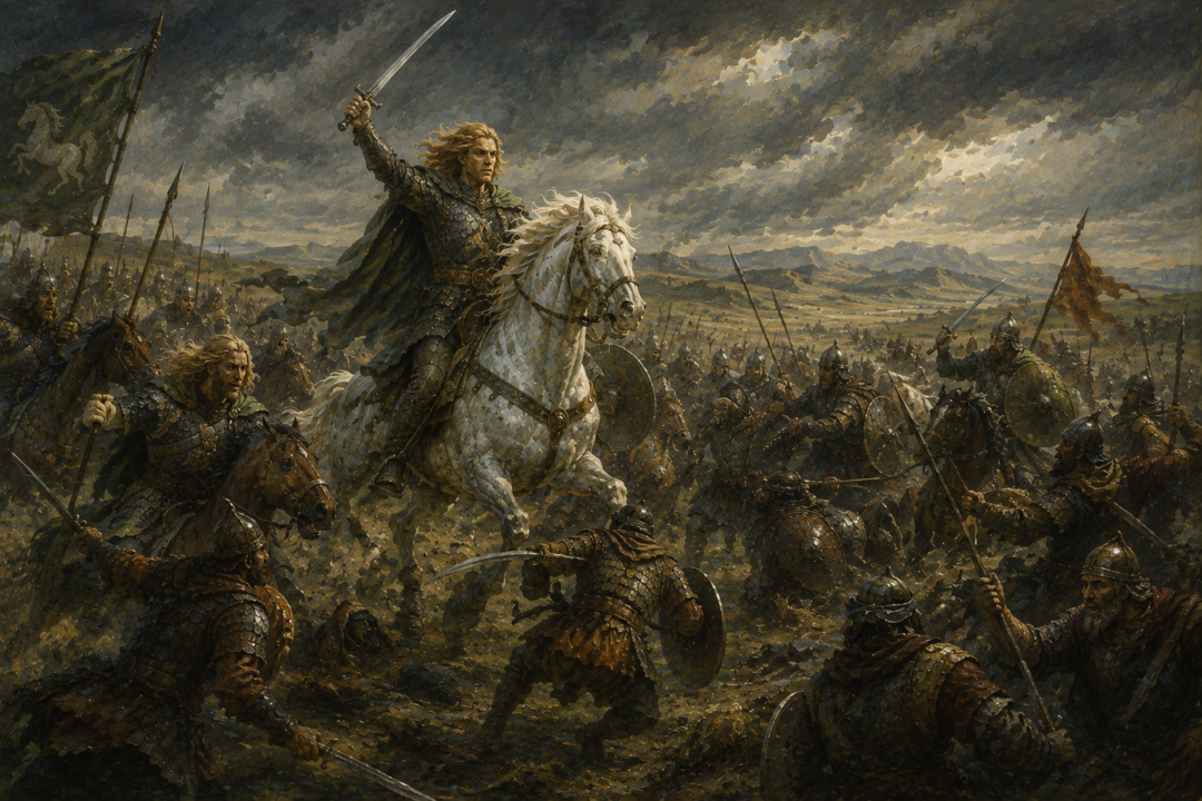 Eorl the Young and the Rohirrim fighting Easterling invaders in the Wold during the battle in which Rohan's first king fell.