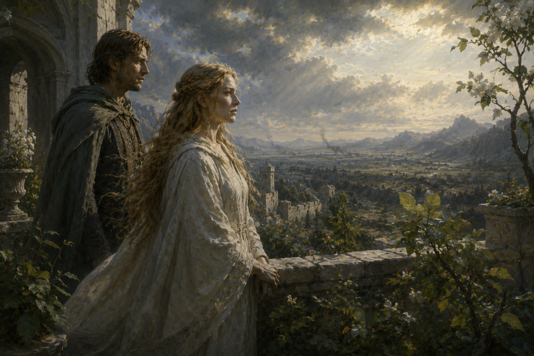 Éowyn stands with Faramir among the gardens of the Houses of Healing as new spring growth symbolizes her choice to embrace life.