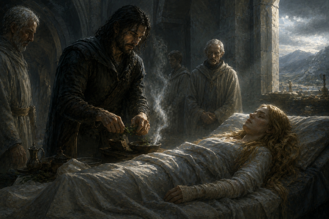 Aragorn tends the gravely wounded Éowyn with athelas in the Houses of Healing in Minas Tirith.
