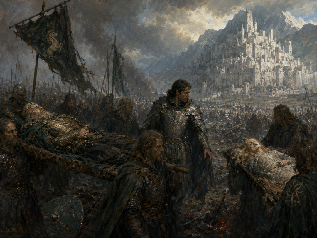 Bearers carry the fallen Théoden and the apparently lifeless Éowyn from the Pelennor Fields as Prince Imrahil approaches.