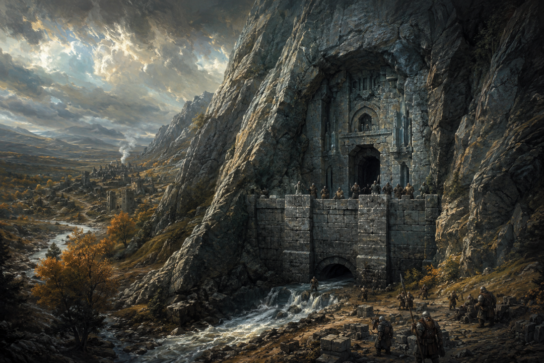 The fortified Front Gate of Erebor beneath the Lonely Mountain after the death of Smaug