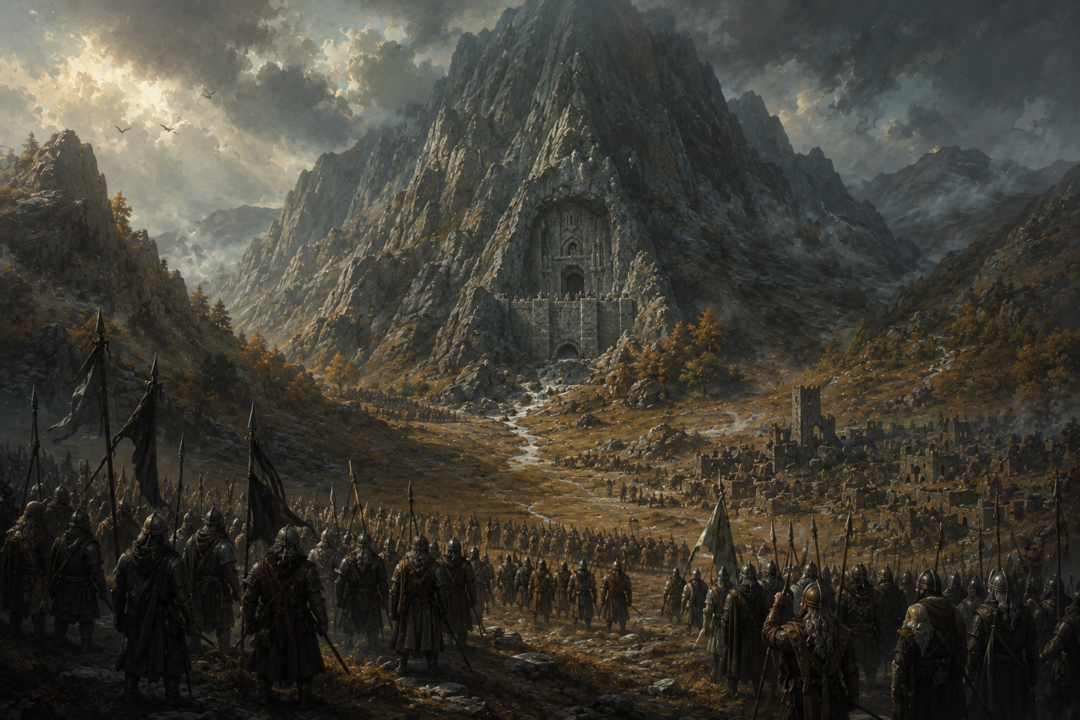Strategic view of the narrow valley and single fortified Front Gate of Erebor during the siege
