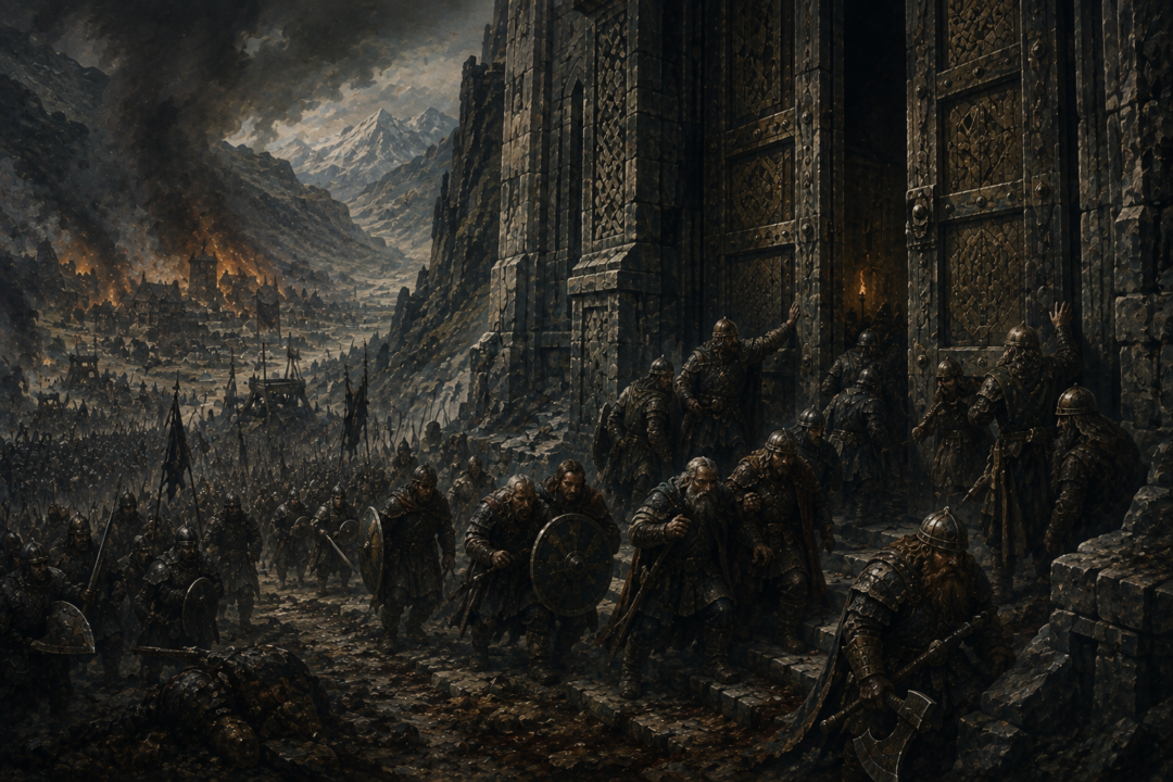 Surviving Men and Dwarves retreating into Erebor as enemy forces begin the siege of the Lonely Mountain.