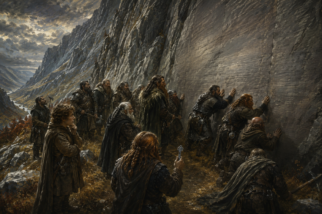 Thorin’s company searches the smooth rock face of Erebor’s hidden Back Door before the keyhole is revealed.