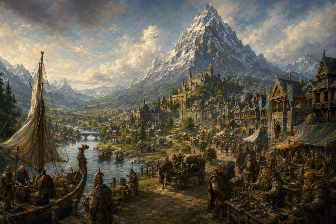 Rebuilt Dale beneath Erebor with merchants, boats and carts carrying trade along the River Running.