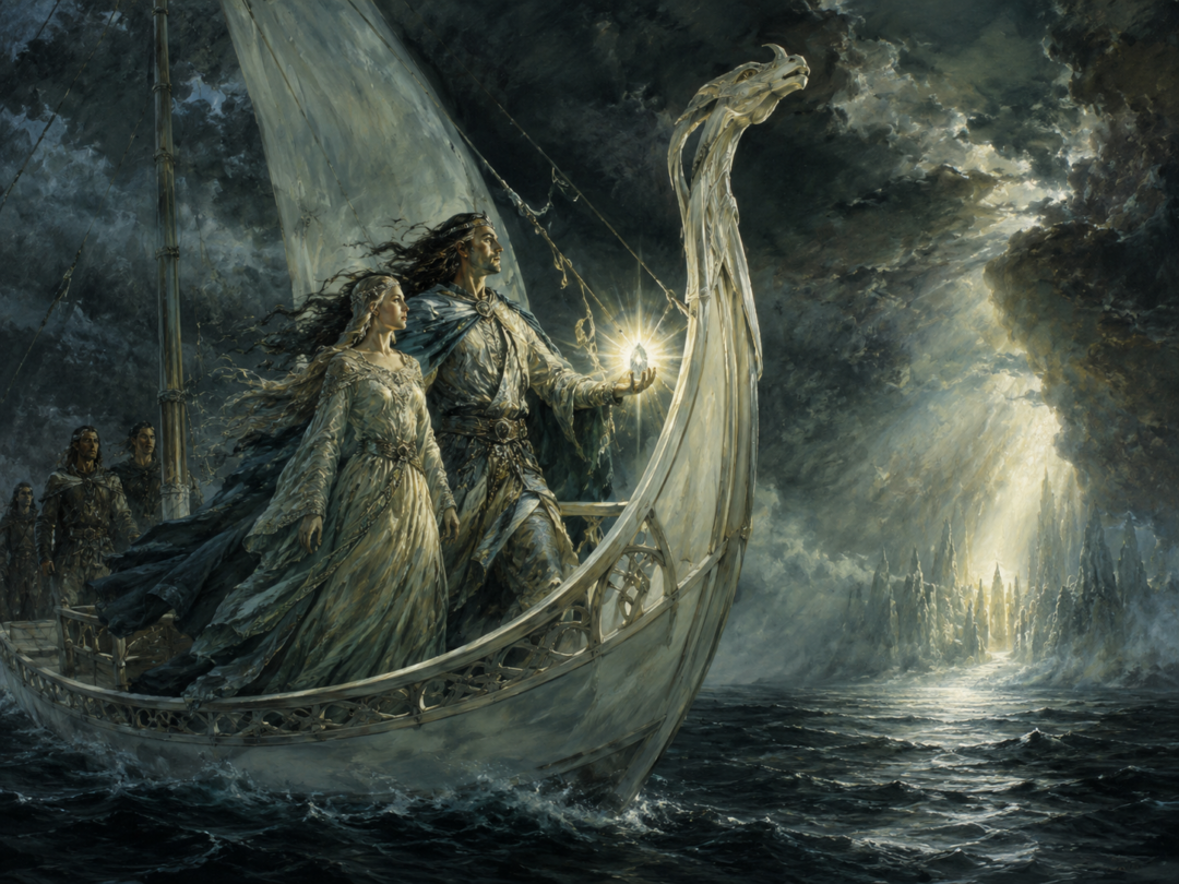 Wreckage of earlier western voyages contrasted with Eärendil sailing toward the hidden realm of Valinor.