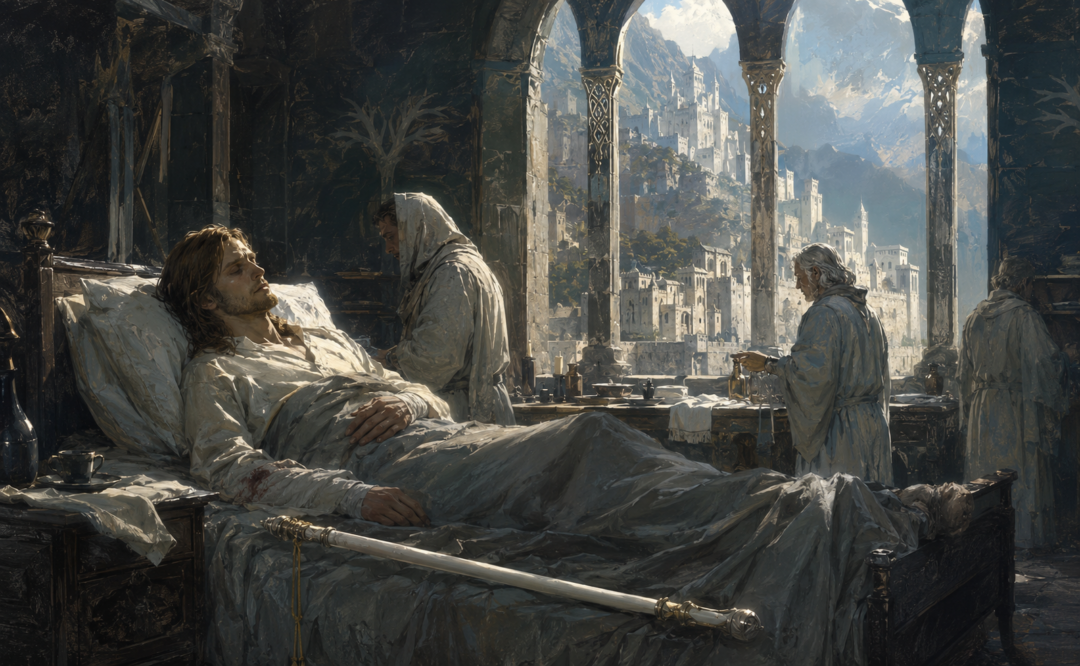 Wounded Faramir in the Houses of Healing after inheriting the Stewardship of Gondor following Denethor’s death