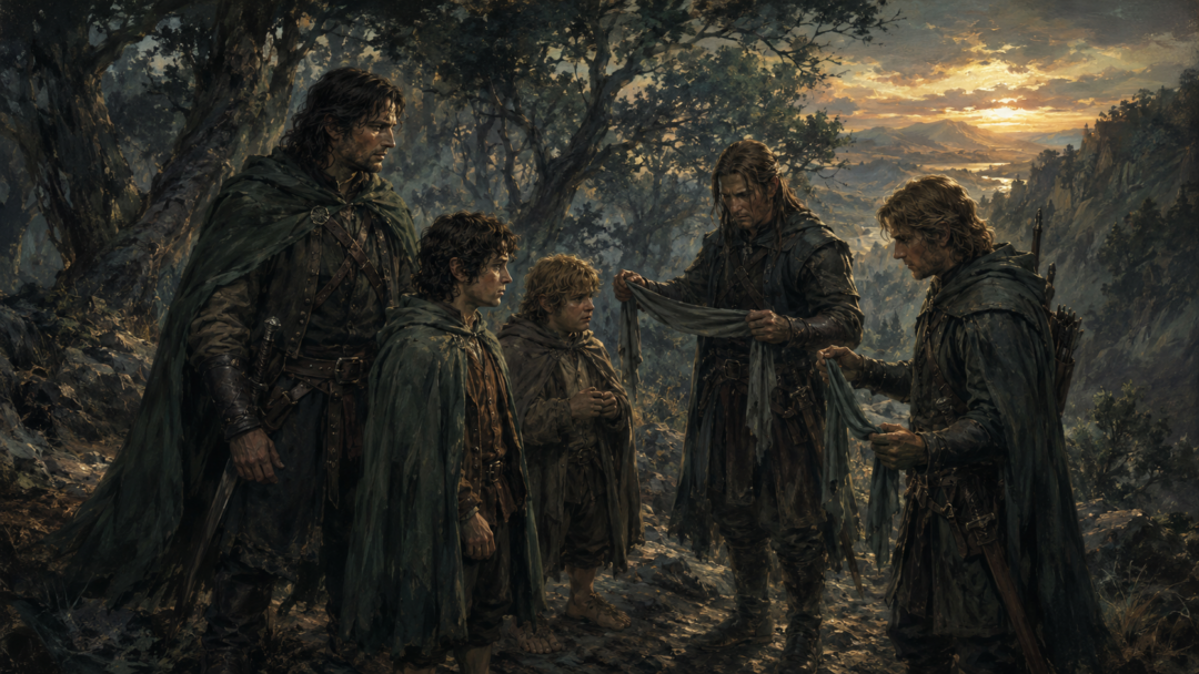 Faramir and the Rangers of Ithilien respectfully blindfold Frodo and Sam before leading them to Henneth Annûn.