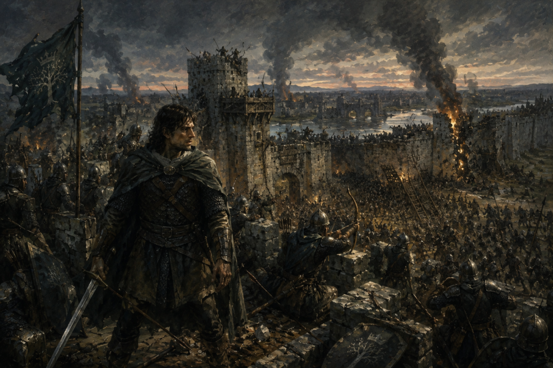 Faramir and Gondorian soldiers defending the Causeway Forts as Sauron's forces attack the Rammas Echor.