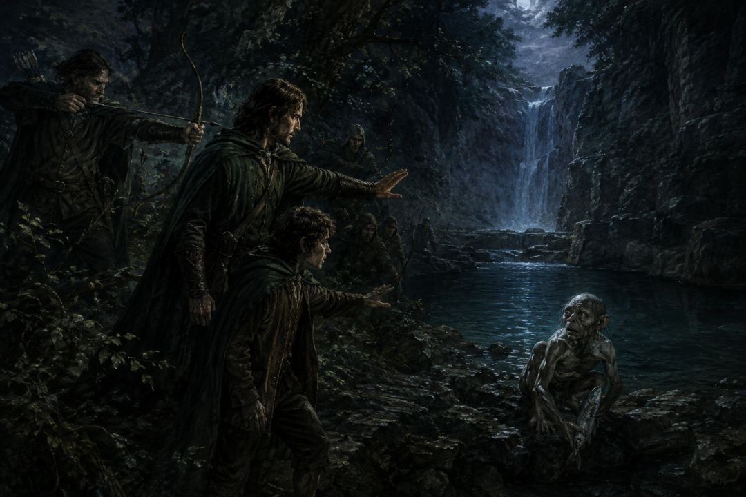 Faramir prevents an immediate shot at Gollum while Frodo pleads for mercy beside the Forbidden Pool of Henneth Annûn.