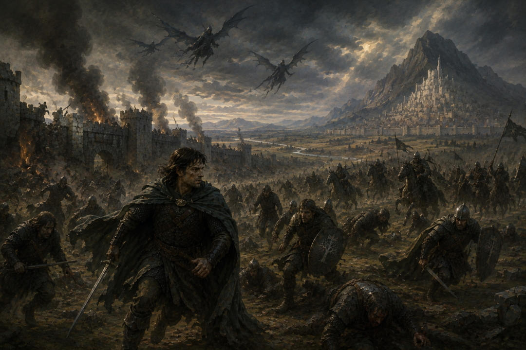 Faramir leading Gondor's battered defenders in retreat from the breached Rammas Echor toward Minas Tirith.
