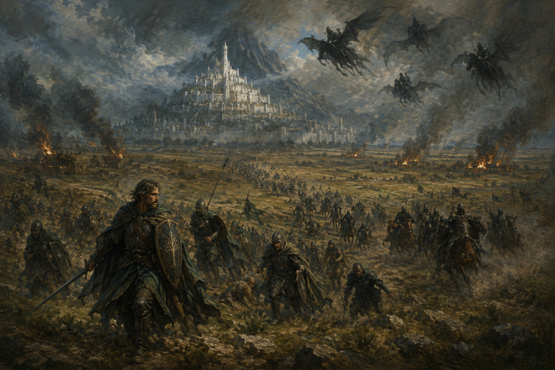 Faramir commands the rearguard during Gondor's dangerous retreat across the Pelennor Fields toward Minas Tirith.