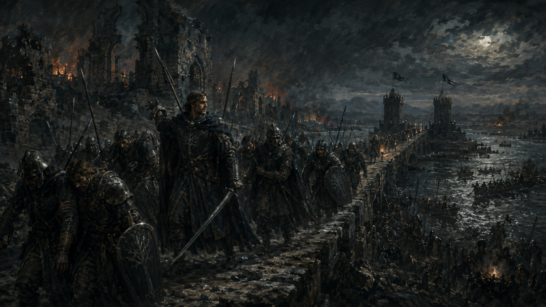 Faramir leads Gondorian soldiers from fallen Osgiliath toward the Causeway Forts as enemy forces cross the Anduin.