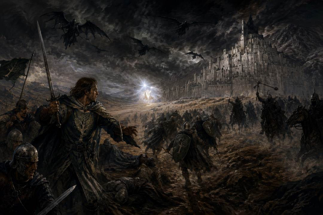 Faramir leading Gondor’s retreat across the Pelennor beneath the Dawnless Day as Nazgûl pursue.