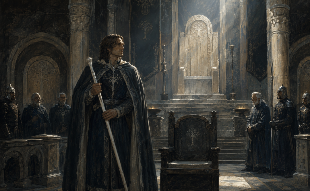 Faramir holding the white Steward’s rod before the empty royal throne of Gondor in Minas Tirith
