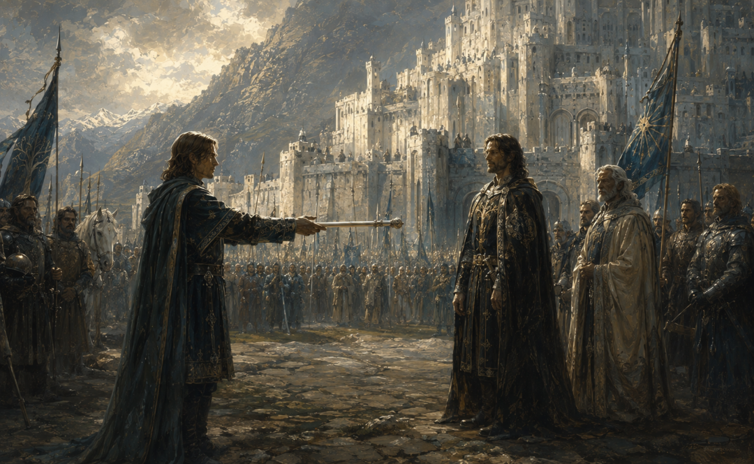 Faramir surrendering the white rod of the Steward to Aragorn outside Minas Tirith before the King’s coronation