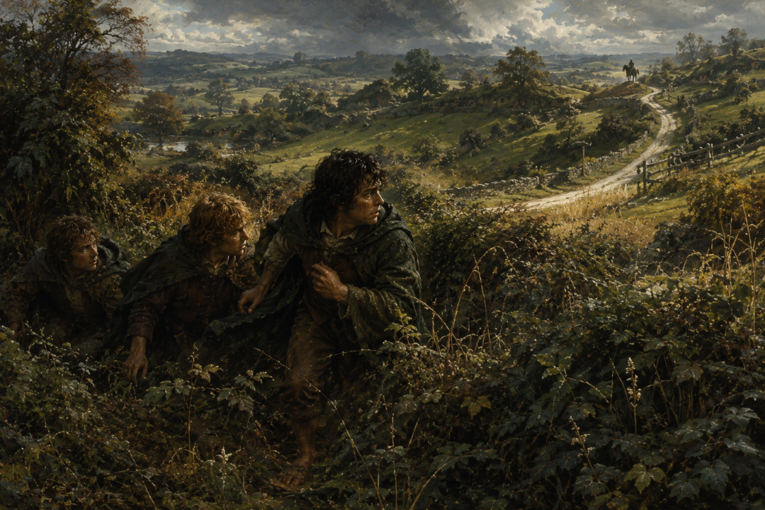 Farmer Maggot confronts a hooded Black Rider seeking information about Frodo Baggins at Bamfurlong.