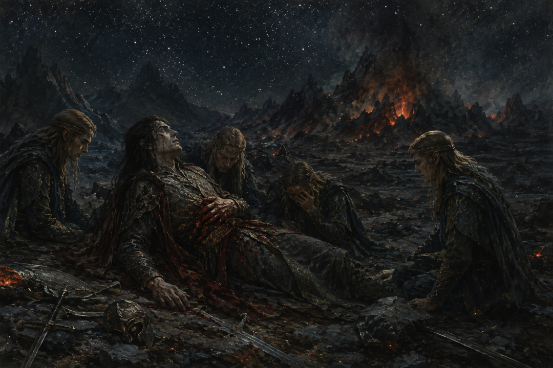 Fëanor mortally wounded beneath the stars near Thangorodrim before the first rising of the Sun