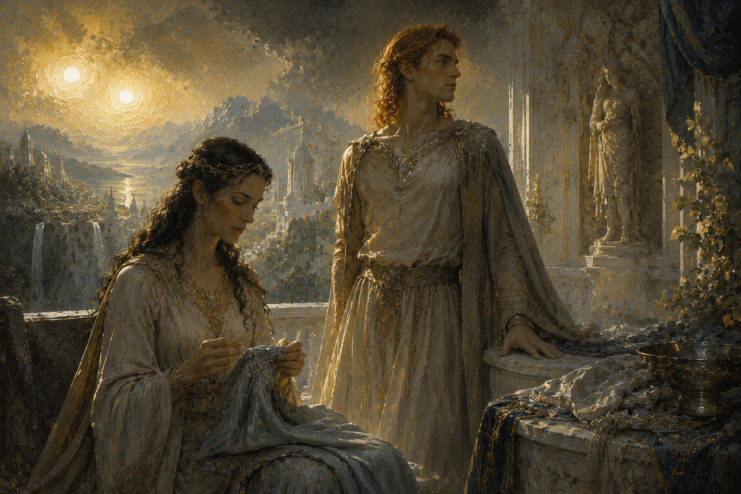 Míriel with young Fëanor in Aman in a symbolic scene exploring his mother-name Fëanáro