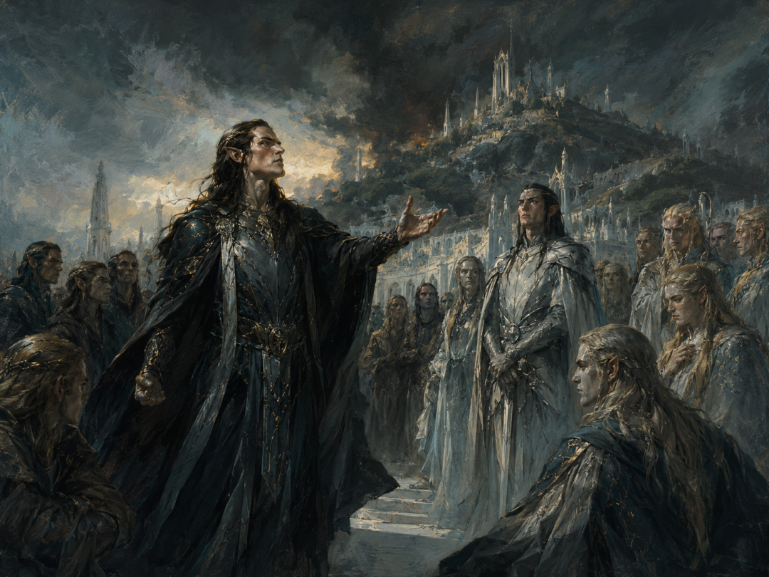 Fëanor and Fingolfin before the divided Noldor in Tirion after the death of Finwë.