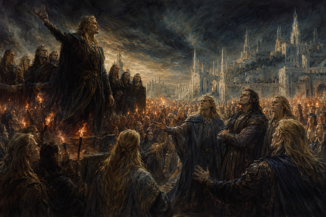 Fëanor addressing a divided gathering of the Noldor in torchlit Tirion after the Darkening of Valinor