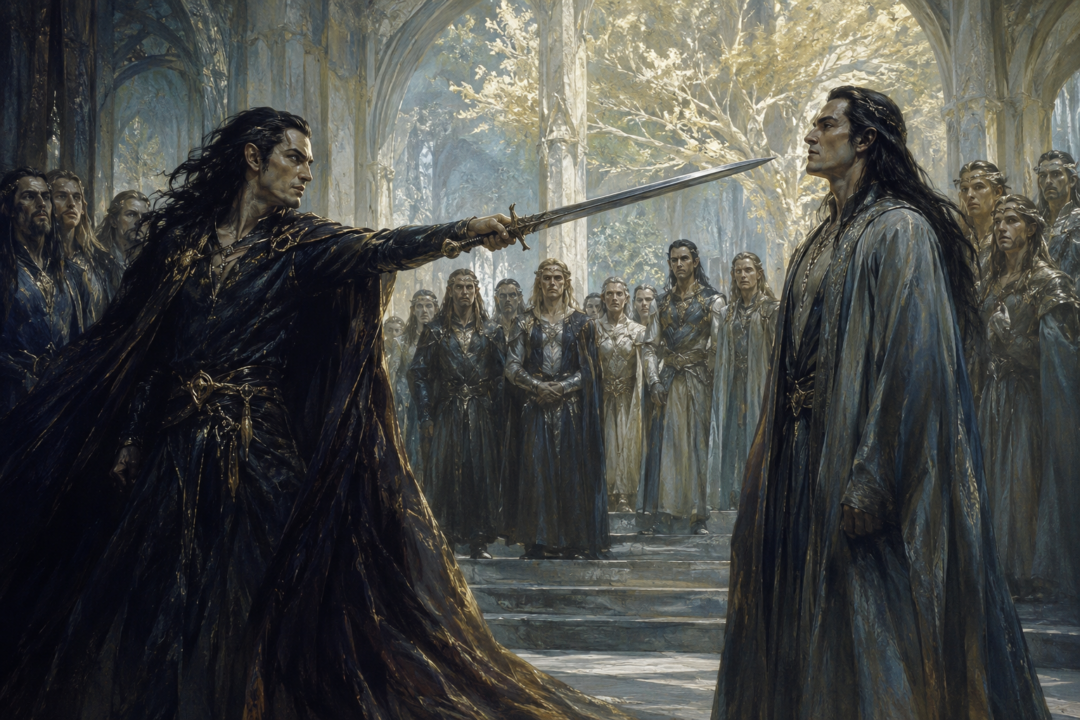 Fëanor confronts Fingolfin with a drawn sword before shocked Noldorin lords in Tirion.