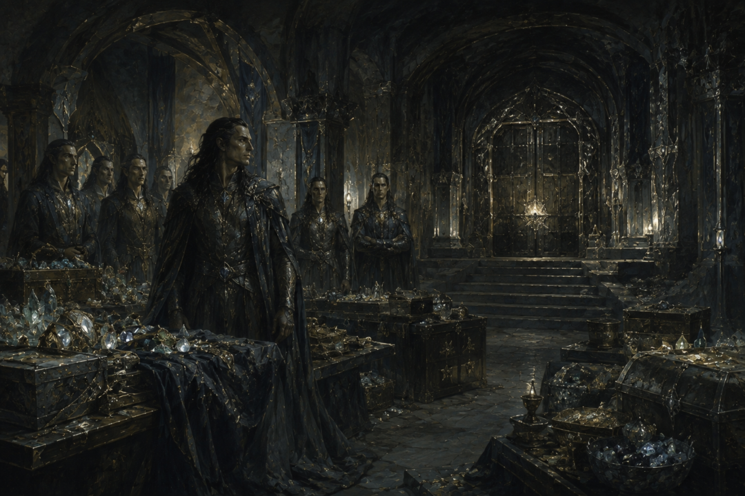 Fëanor and his sons stand within the guarded treasury of Formenos where the Silmarils are secured.
