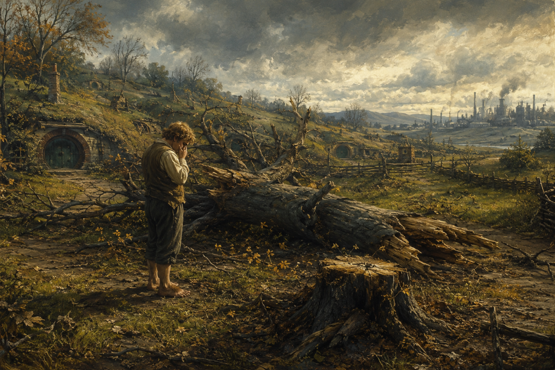 Samwise Gamgee confronting the felled Party Tree in Hobbiton after the Scouring of the Shire.
