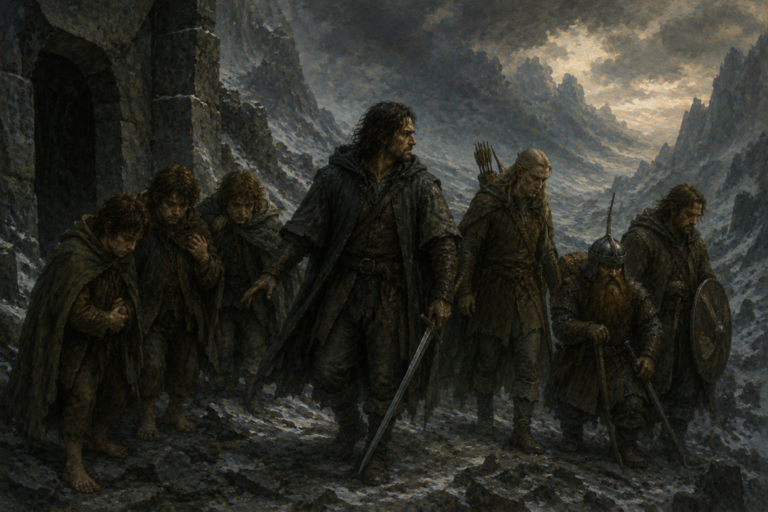 Aragorn leading the grieving Fellowship away from Moria after the loss of Gandalf