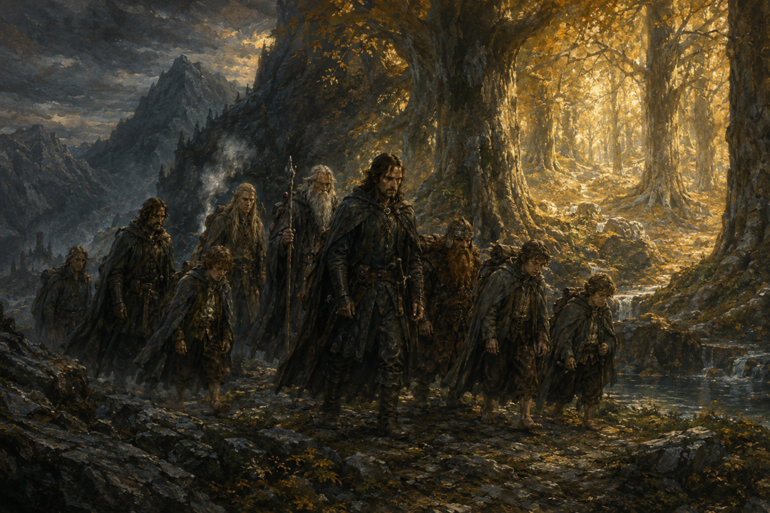 The exhausted surviving Fellowship reaches the golden woods of Lothlórien while carrying its reduced baggage.