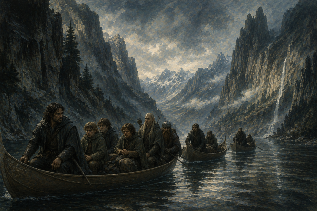 The surviving Fellowship travelling south in Elven boats along the River Anduin