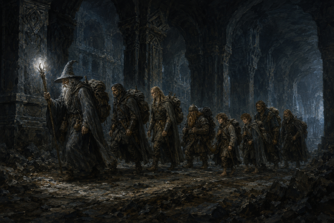 The Fellowship carries redistributed packs, food, and water through the dark halls of Moria after leaving Bill behind.