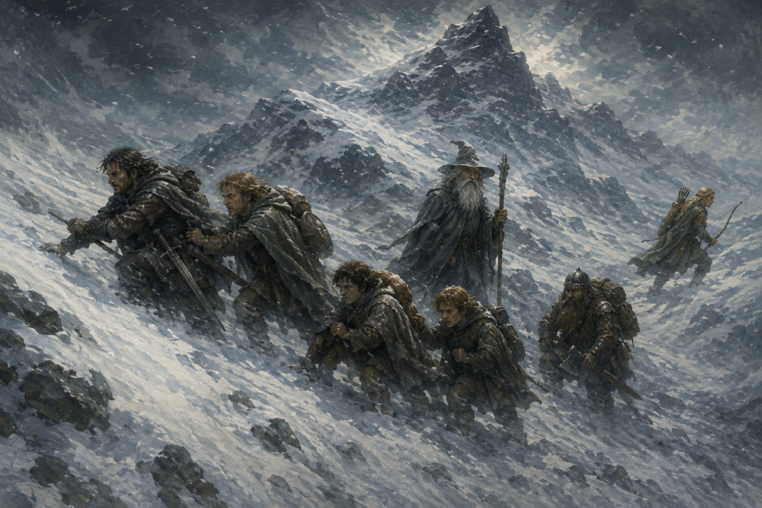 The Fellowship struggling through deep snow during the failed crossing of Caradhras