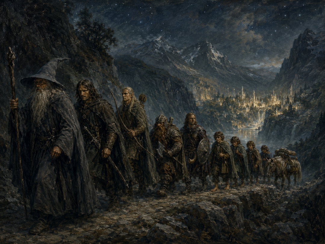The nine members of the Fellowship leave Rivendell quietly at night on their journey south toward Mordor.