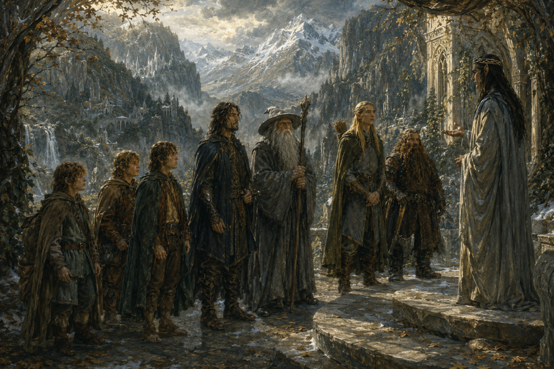 The nine members of the Fellowship gather before leaving Rivendell as free companions under Elrond's counsel.