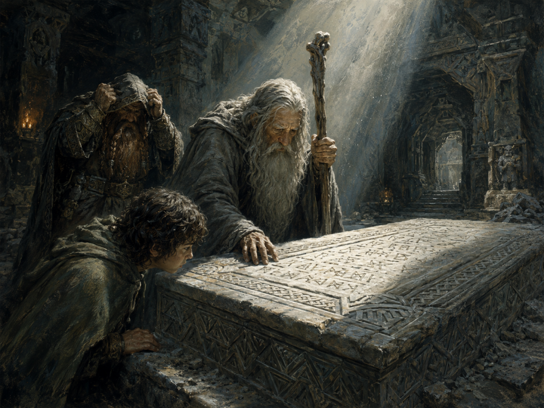 The Fellowship enters the Chamber of Mazarbul and sees a white stone tomb illuminated by daylight.