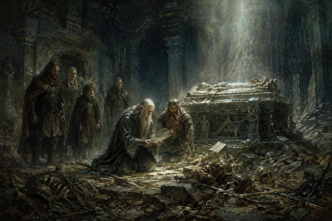 The Fellowship discovers Balin’s tomb and the damaged Book of Mazarbul in the ancient Chamber of Records.