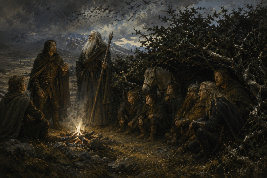 Gandalf and Aragorn extinguish the Fellowship's campfire after crebain are spotted over Hollin.