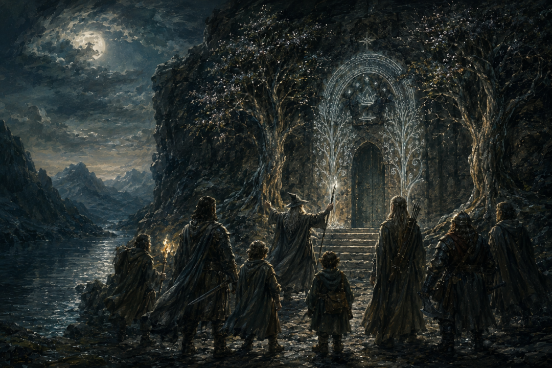 Gandalf and the Fellowship discovering the simple password that opens the Doors of Durin.