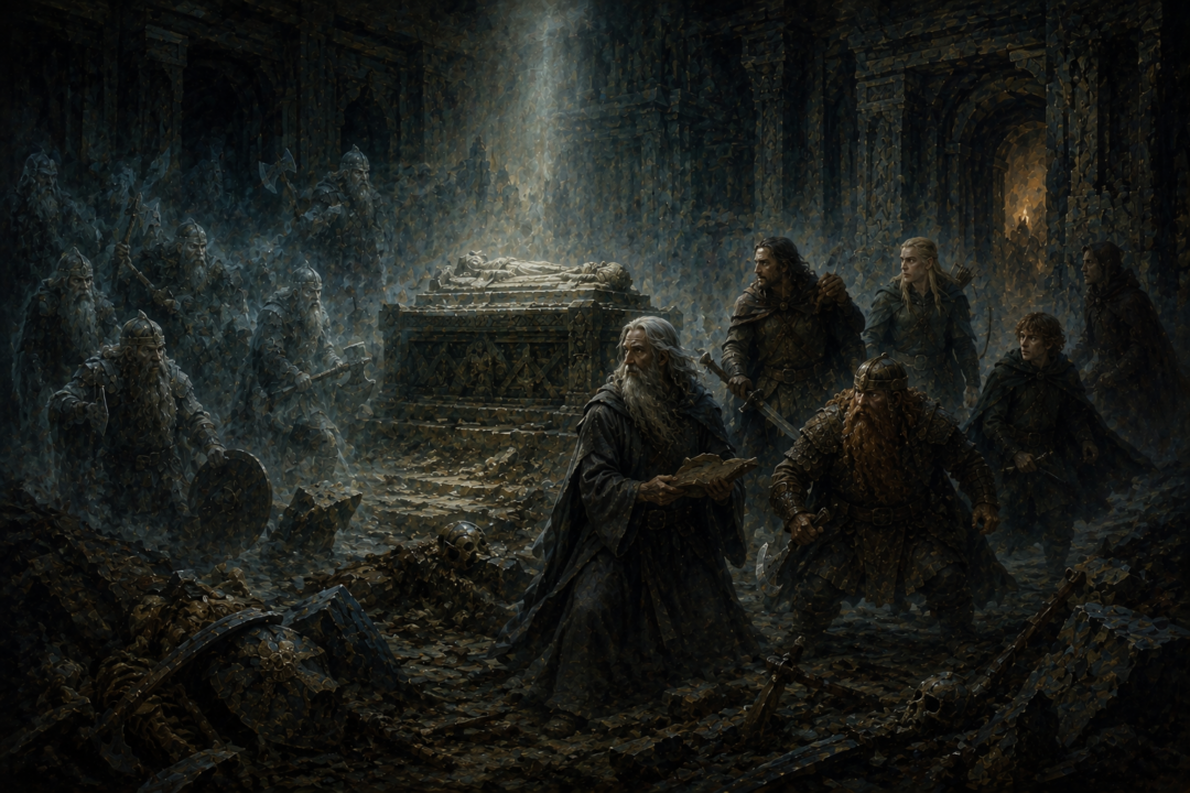 The Fellowship hears approaching danger in the Chamber of Mazarbul as ghostly Dwarven defenders evoke the colony’s earlier last stand.