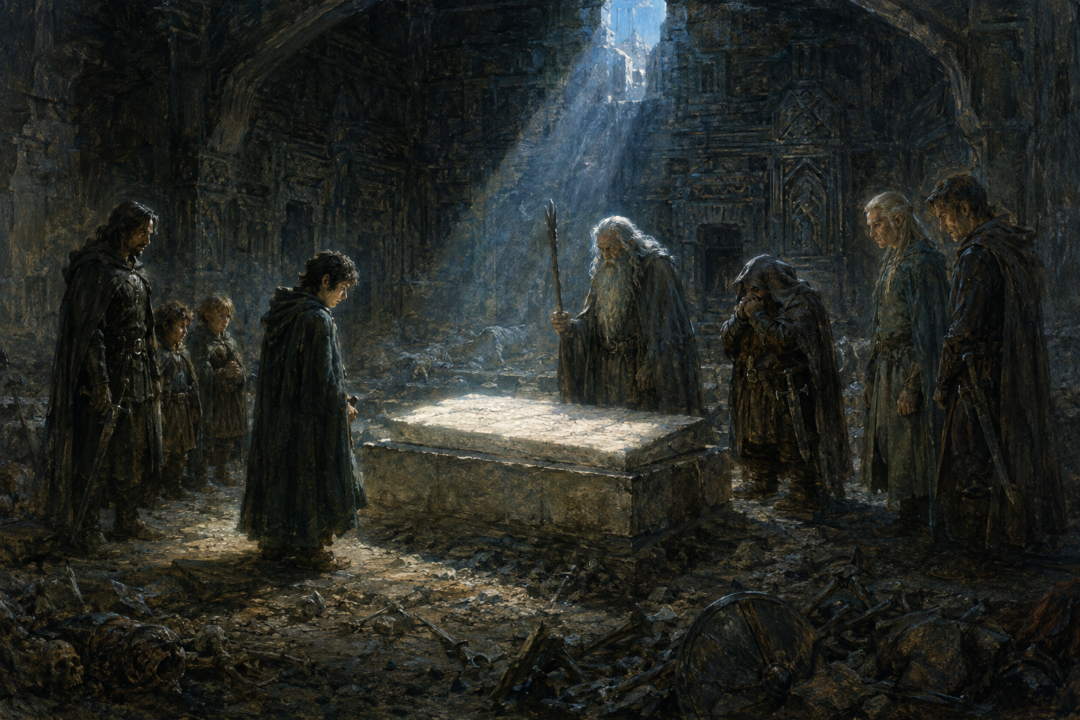 The Fellowship stands silently around Balin's tomb amid the ruined Chamber of Mazarbul.