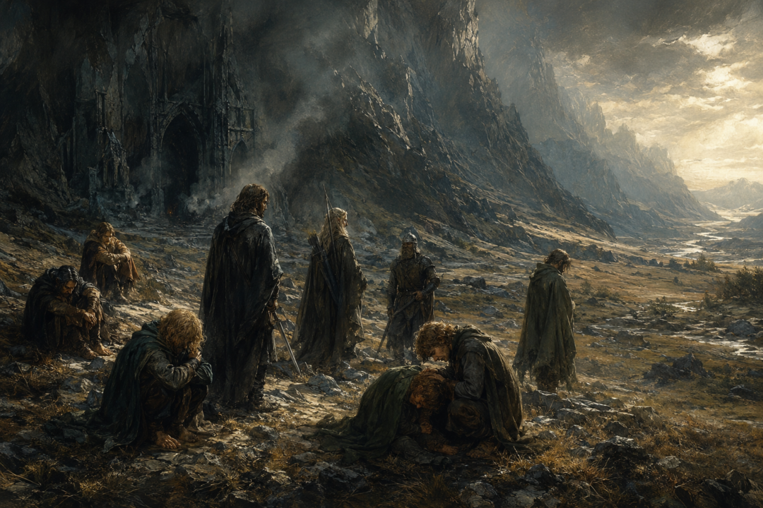 The surviving Fellowship grieving in Dimrill Dale outside the gates of Moria after Gandalf's fall.
