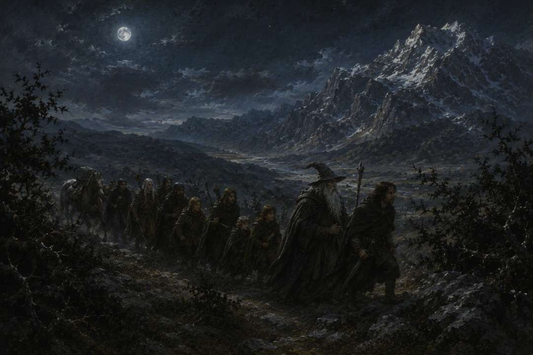 The Fellowship travels through Hollin at night after suspected enemy watchers force them into secrecy.